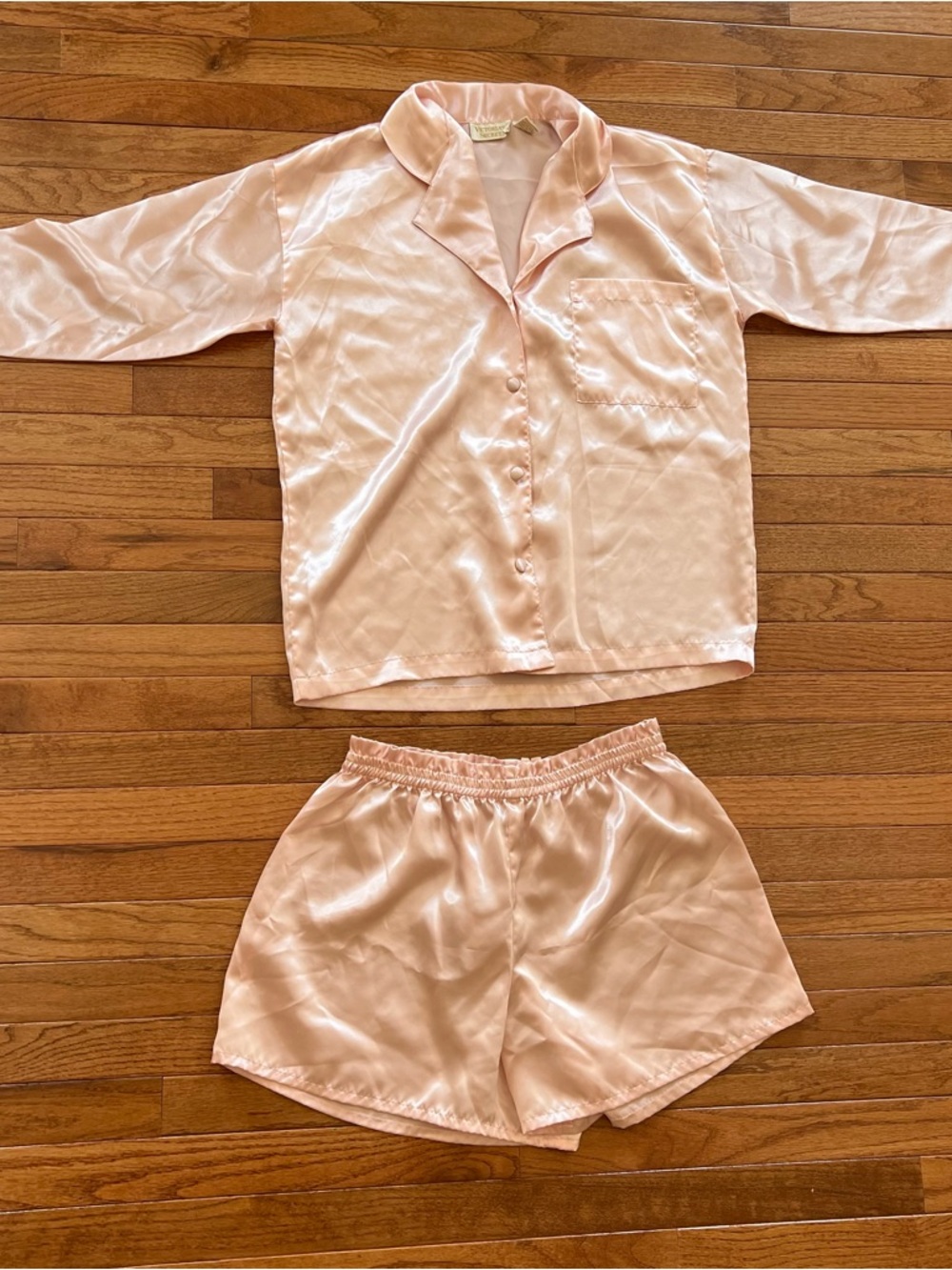 Vintage Victoria's Secret Blush Satin Pajama Shirt & Shorts Set